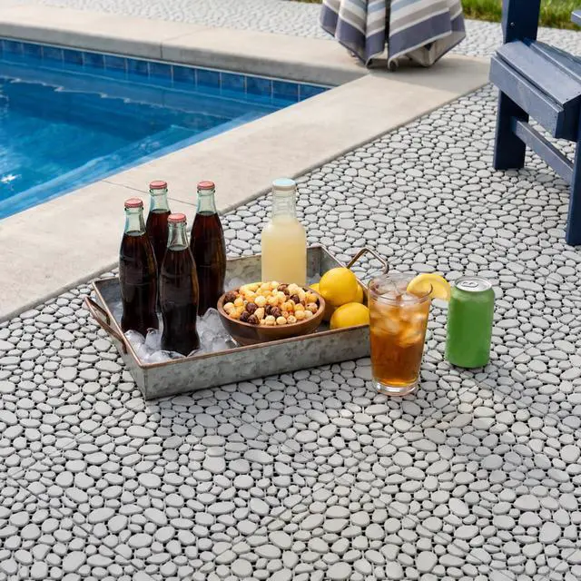 Alt view image 3 of 6 - Plastic Interlocking Cobbled Stone Tile (60PCS) 12" x 12", Patio Tiles Outdoor Waterproof Non Slip, Interlocking Drainage Tiles for Pool, Basement, Shower, Bathroom, Backyard, Garden (Gray)