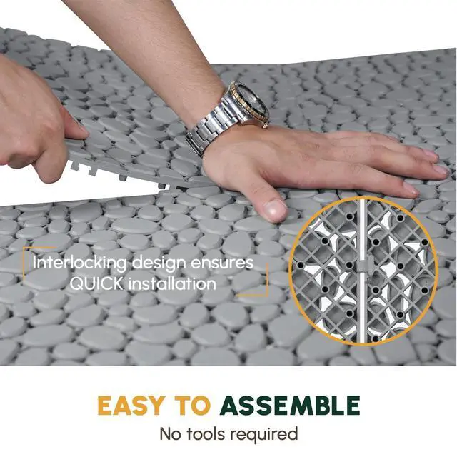 Alt view image 4 of 6 - Plastic Interlocking Cobbled Stone Tile (60PCS) 12" x 12", Patio Tiles Outdoor Waterproof Non Slip, Interlocking Drainage Tiles for Pool, Basement, Shower, Bathroom, Backyard, Garden (Gray)