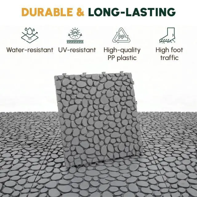 Alt view image 5 of 6 - Plastic Interlocking Cobbled Stone Tile (60PCS) 12" x 12", Patio Tiles Outdoor Waterproof Non Slip, Interlocking Drainage Tiles for Pool, Basement, Shower, Bathroom, Backyard, Garden (Gray)