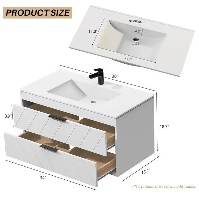 Alt view image 2 of 6 - 36 Inch Bathroom Vanity with Sink, Modern Floating Bathroom Vanity with Resin Sink, 2 Large Storage Darwers, Wood Grain Texture Wall Mounted Vanity, Metal Handles, White