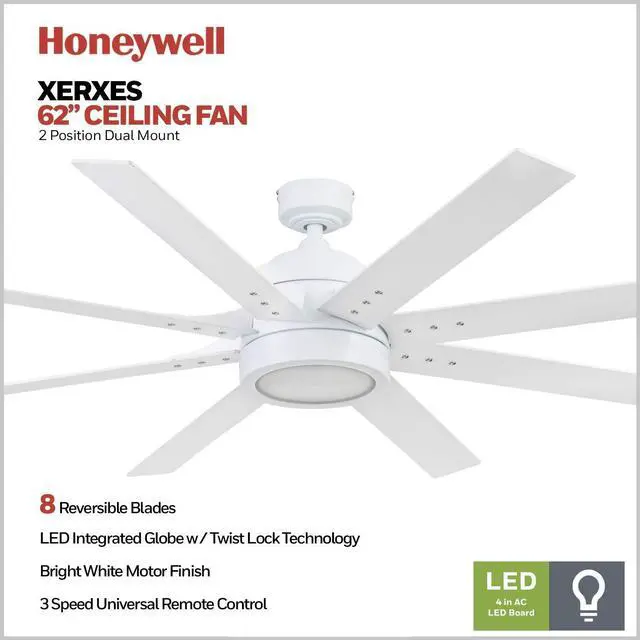 Alt view image 2 of 6 - Ceiling Fans Xerxes Modern 62 Inch Ceiling Fan with Light, Remote Control Fan, LED Indoor Fan with 8 Blades, White and Gray Wash Blade Finish Options, White (51628-01)