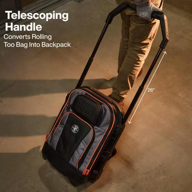 Alt view image 3 of 6 - 55604 Rolling Tool Backpack, Tool Bag with 28 Pockets, Heavy Duty Retractable Handle, Large Storage Interior, 3-Inch Wheels