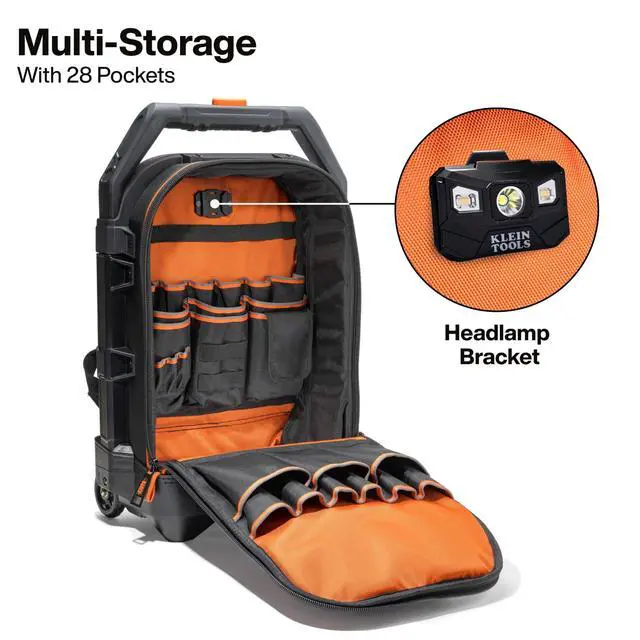 Alt view image 4 of 6 - 55604 Rolling Tool Backpack, Tool Bag with 28 Pockets, Heavy Duty Retractable Handle, Large Storage Interior, 3-Inch Wheels