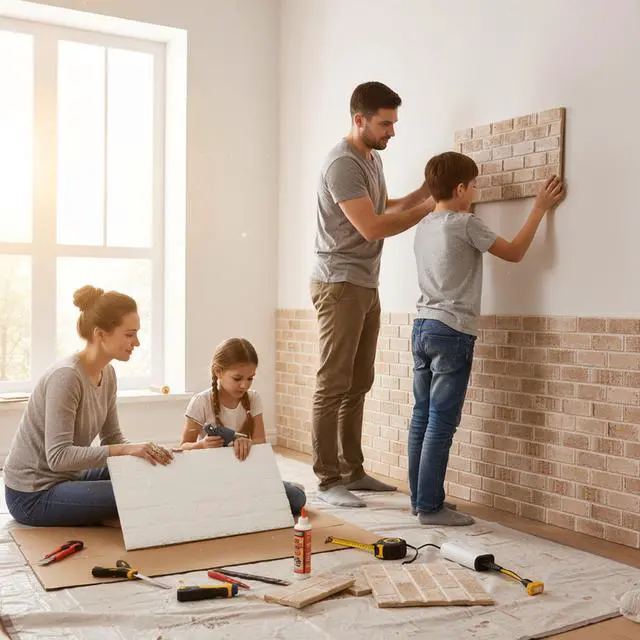 Alt view image 5 of 6 - 3D Faux Brick Wall Panels Lightweight Styrofoam Cladding for Interior & Exterior Use | DIY Decorative Panels | 9 Pack (40"x20") | Ideal for Living Room, Kitchen, Outdoor Walls Sandstone
