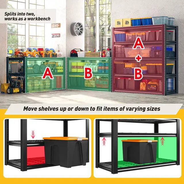 Alt view image 6 of 6 - Garage Shelving 3200LBS, 5-Tier Storage Shelves, Adjustable Industrial Metal Shelving Unit for Garage, Basement, Pantry, Warehouse,Commercial, 36" W x 16" D x 72" H, 2 Pack
