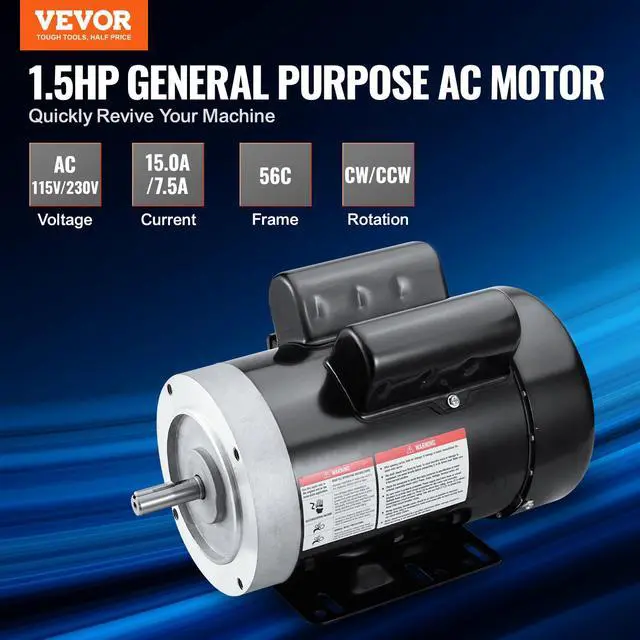 Alt view image 2 of 6 - 1.5HP Electric Motor 1725 RPM, AC 115V/230V, 56C Frame, Air Compressor Motor Single Phase, 5/8" Keyed Shaft, CW/CCW R