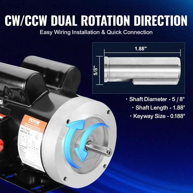 Alt view image 4 of 6 - 1.5HP Electric Motor 1725 RPM, AC 115V/230V, 56C Frame, Air Compressor Motor Single Phase, 5/8" Keyed Shaft, CW/CCW R