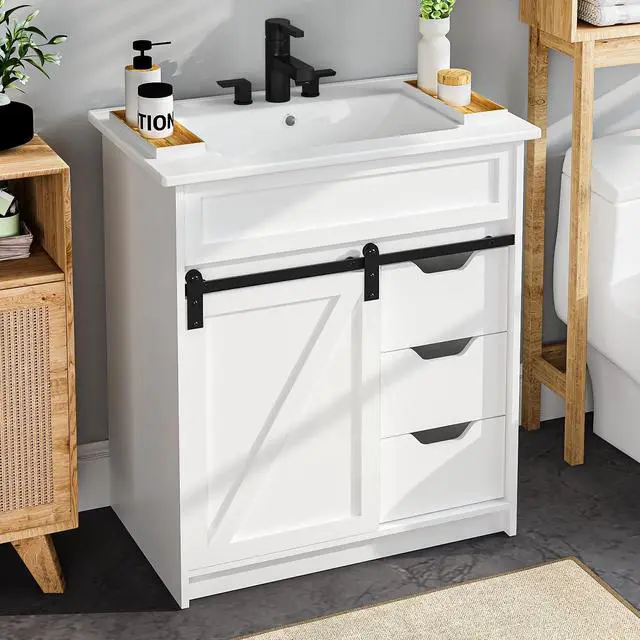 Main image of 30" Bathroom Vanity with Sink, Farmhouse Bathroom Cabinet, Bathroom Vanity Set with Sliding Barn Door & Drawers, Freestanding Bathroom Vanities, White