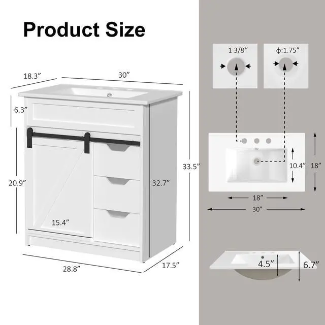 Alt view image 2 of 6 - 30" Bathroom Vanity with Sink, Farmhouse Bathroom Cabinet, Bathroom Vanity Set with Sliding Barn Door & Drawers, Freestanding Bathroom Vanities, White