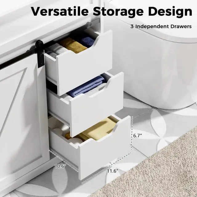 Alt view image 3 of 6 - 30" Bathroom Vanity with Sink, Farmhouse Bathroom Cabinet, Bathroom Vanity Set with Sliding Barn Door & Drawers, Freestanding Bathroom Vanities, White