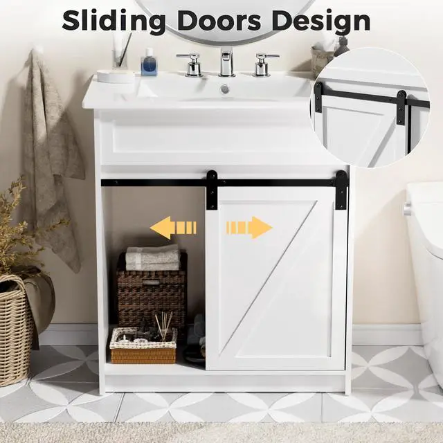 Alt view image 4 of 6 - 30" Bathroom Vanity with Sink, Farmhouse Bathroom Cabinet, Bathroom Vanity Set with Sliding Barn Door & Drawers, Freestanding Bathroom Vanities, White