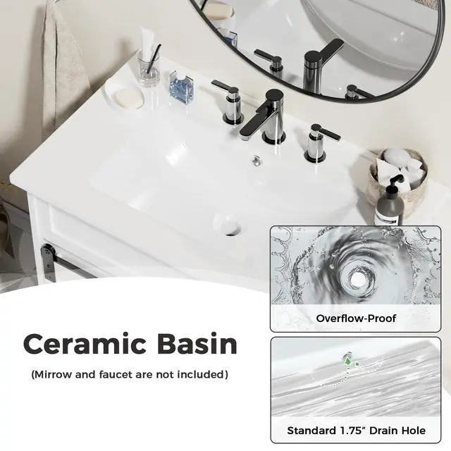 Alt view image 5 of 6 - 30" Bathroom Vanity with Sink, Farmhouse Bathroom Cabinet, Bathroom Vanity Set with Sliding Barn Door & Drawers, Freestanding Bathroom Vanities, White