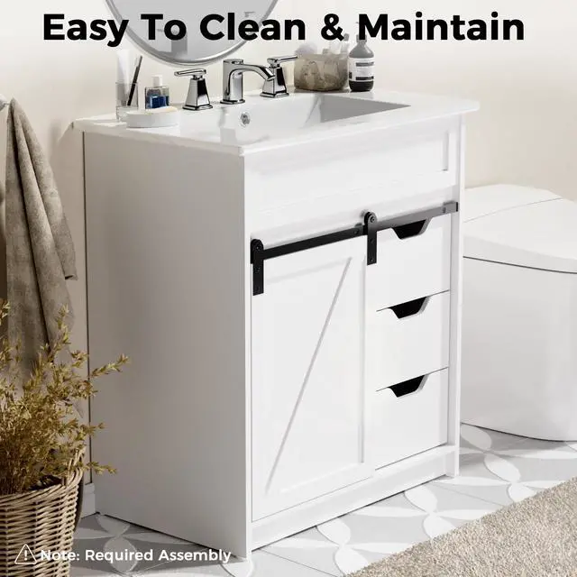 Alt view image 6 of 6 - 30" Bathroom Vanity with Sink, Farmhouse Bathroom Cabinet, Bathroom Vanity Set with Sliding Barn Door & Drawers, Freestanding Bathroom Vanities, White