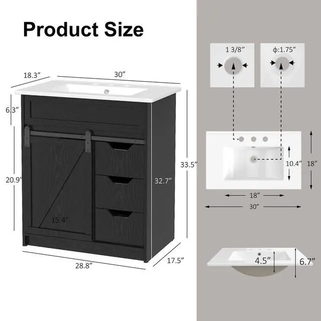 Alt view image 2 of 6 - 30" Bathroom Vanity with Sink Combo, Farmhouse Bathroom Cabinet Set with Sliding Barn Door & 3 Drawers, Freestanding Bath Vanities, Black