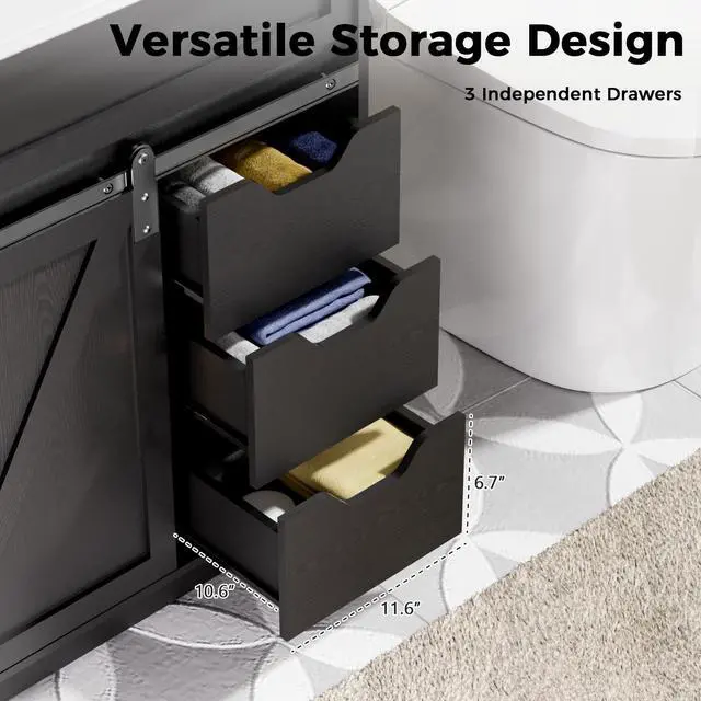 Alt view image 4 of 6 - 30" Bathroom Vanity with Sink Combo, Farmhouse Bathroom Cabinet Set with Sliding Barn Door & 3 Drawers, Freestanding Bath Vanities, Black