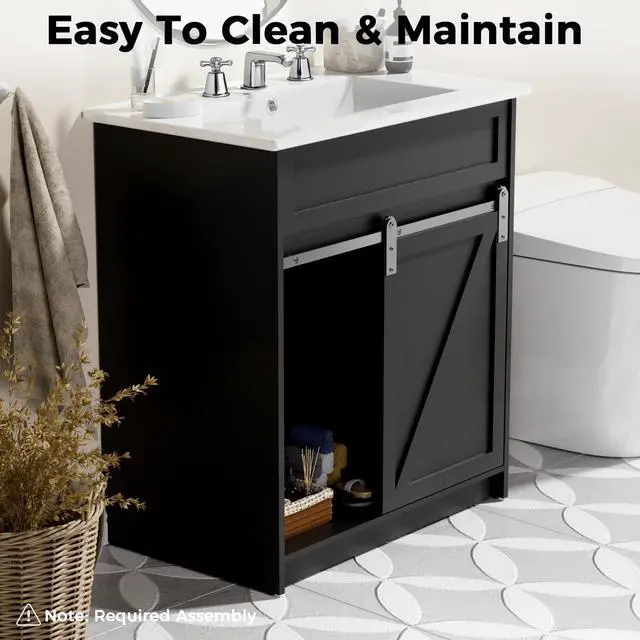 Alt view image 5 of 6 - 30" Bathroom Vanity with Sink Combo, Farmhouse Bathroom Cabinet Set with Sliding Barn Door & 3 Drawers, Freestanding Bath Vanities, Black