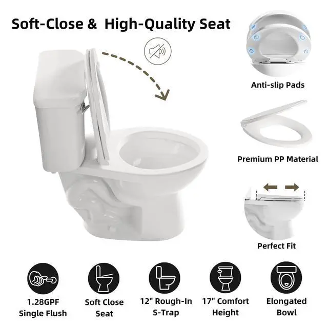 Alt view image 2 of 6 - 17 Inch Two Piece Toilet, 17.9 Tall Toilets for Bathrooms, Elongated Bowl & ADA Comfort Chair Height Toilet, Soft-Closing Seat, 1.28 GPF Siphon Flush, High-Efficiency, 12" Rough-In
