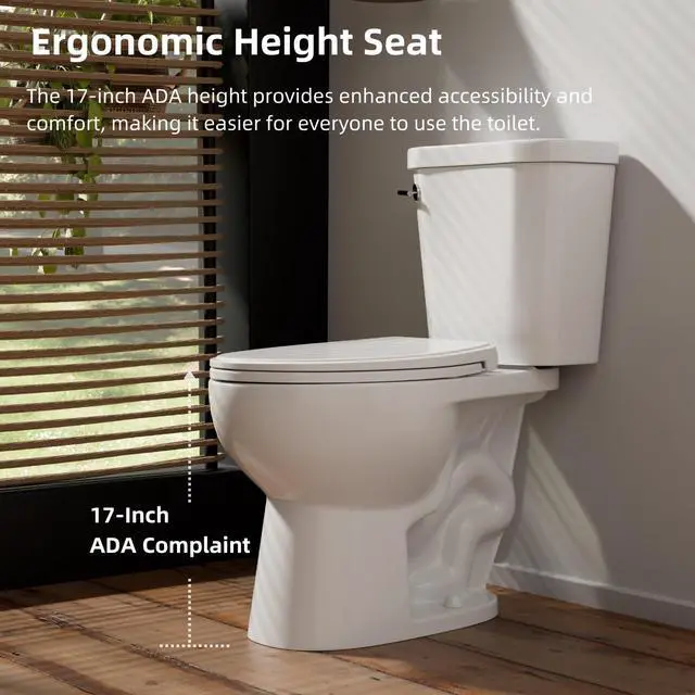 Alt view image 4 of 6 - 17 Inch Two Piece Toilet, 17.9 Tall Toilets for Bathrooms, Elongated Bowl & ADA Comfort Chair Height Toilet, Soft-Closing Seat, 1.28 GPF Siphon Flush, High-Efficiency, 12" Rough-In