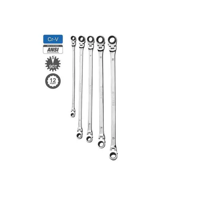 Alt view image 3 of 6 - RM6, 5 Piece Metric Double Box Universal Spline Reversible Ratcheting Wrench Set, Extra Long Chrome Vanadium Steel, 90 Tooth, 4 Degree Swing Arc, Flexible Design for Hard to Reach Fasteners