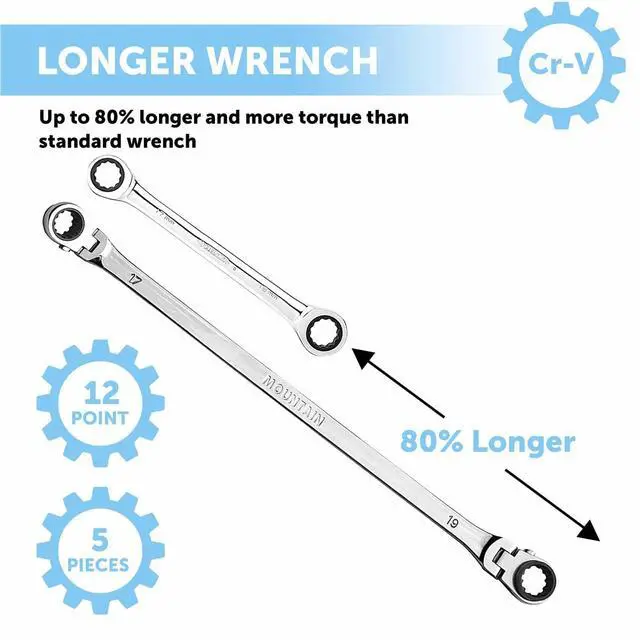 Alt view image 5 of 6 - RM6, 5 Piece Metric Double Box Universal Spline Reversible Ratcheting Wrench Set, Extra Long Chrome Vanadium Steel, 90 Tooth, 4 Degree Swing Arc, Flexible Design for Hard to Reach Fasteners