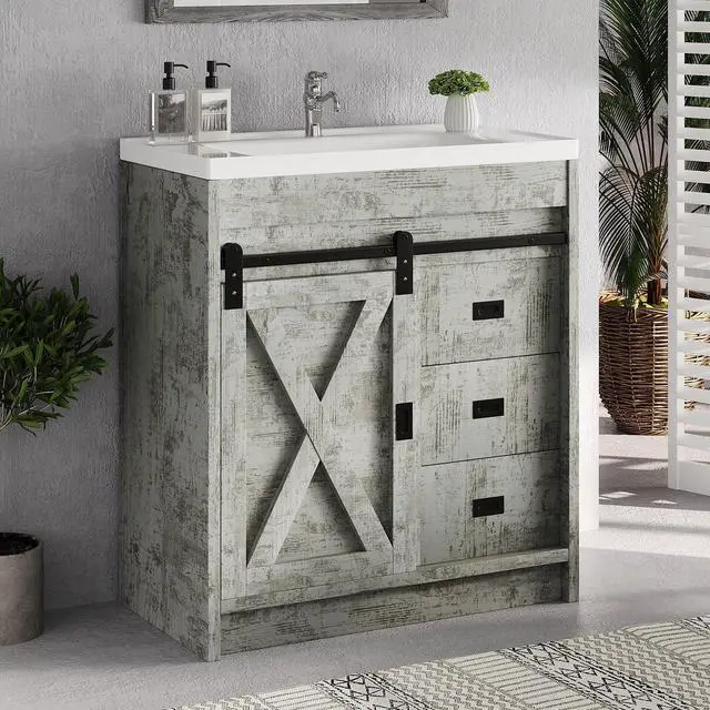 Main image of Farmhouse Bathroom Vanity, Vanity with Ceramic Sink, Bathroom Vanity Cabinet with 2 Drawers & Sliding Barn Door, Small Bath Storage Vanity Sink Set, White Grey