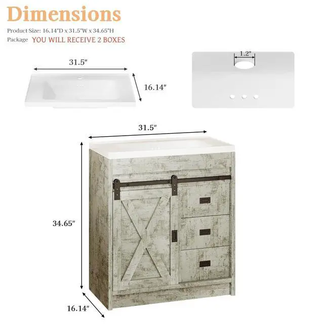 Alt view image 2 of 6 - Farmhouse Bathroom Vanity, Vanity with Ceramic Sink, Bathroom Vanity Cabinet with 2 Drawers & Sliding Barn Door, Small Bath Storage Vanity Sink Set, White Grey