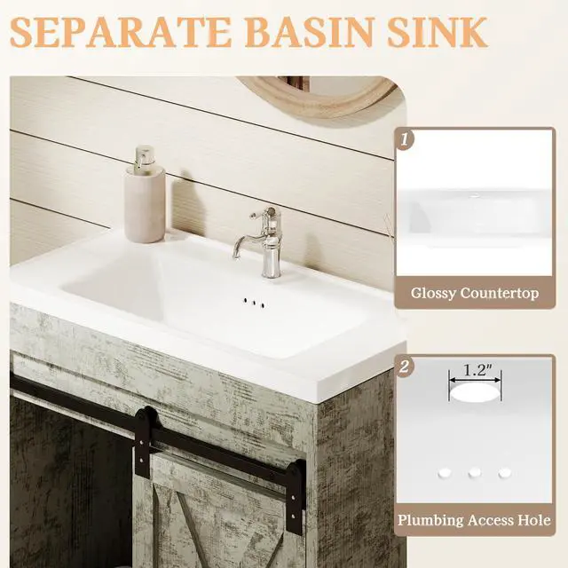 Alt view image 4 of 6 - Farmhouse Bathroom Vanity, Vanity with Ceramic Sink, Bathroom Vanity Cabinet with 2 Drawers & Sliding Barn Door, Small Bath Storage Vanity Sink Set, White Grey