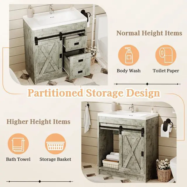 Alt view image 5 of 6 - Farmhouse Bathroom Vanity, Vanity with Ceramic Sink, Bathroom Vanity Cabinet with 2 Drawers & Sliding Barn Door, Small Bath Storage Vanity Sink Set, White Grey