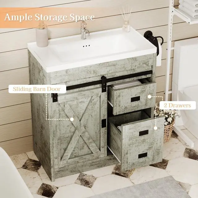 Alt view image 6 of 6 - Farmhouse Bathroom Vanity, Vanity with Ceramic Sink, Bathroom Vanity Cabinet with 2 Drawers & Sliding Barn Door, Small Bath Storage Vanity Sink Set, White Grey