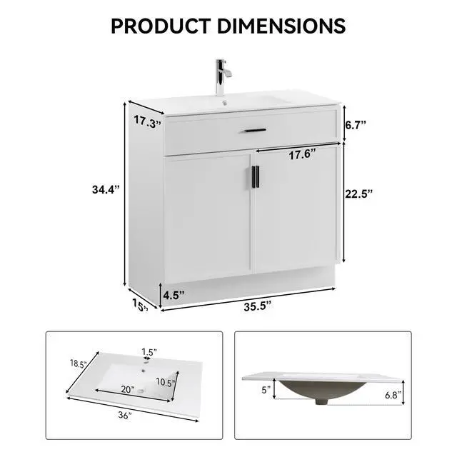 Alt view image 2 of 6 - 36 Inch Bathroom Vanity with Sink, Wood Modern Bathroom Vanity, Freestanding Bathroom Vanity Cabinet with Double Soft Closing Doors & Large Storage Space, White Vanity