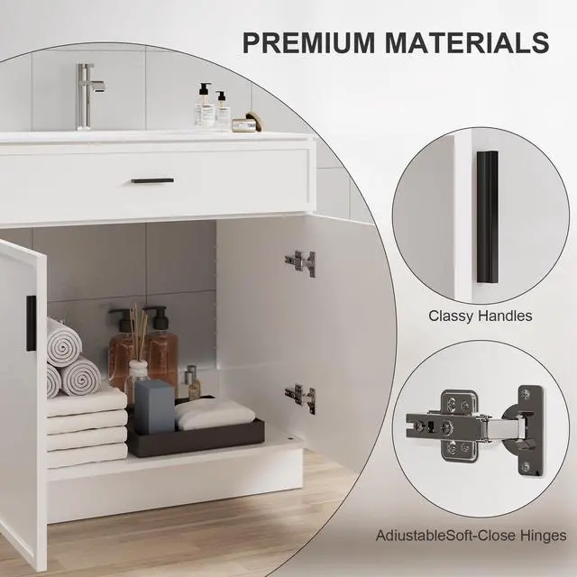 Alt view image 3 of 6 - 36 Inch Bathroom Vanity with Sink, Wood Modern Bathroom Vanity, Freestanding Bathroom Vanity Cabinet with Double Soft Closing Doors & Large Storage Space, White Vanity