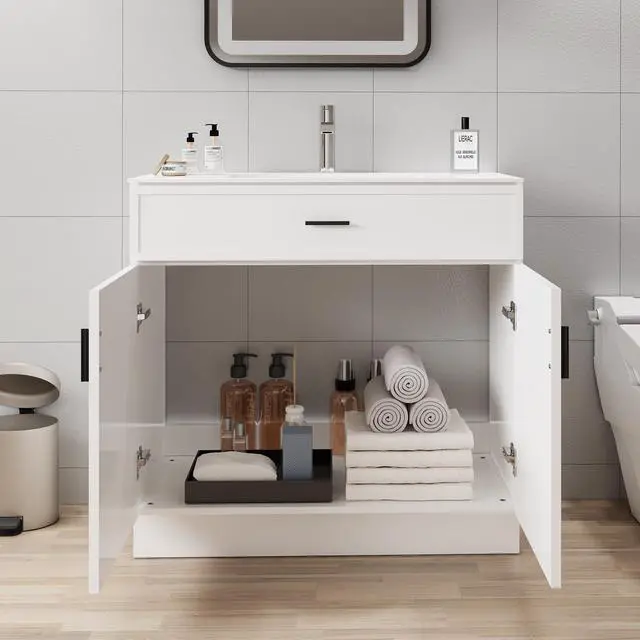 Alt view image 5 of 6 - 36 Inch Bathroom Vanity with Sink, Wood Modern Bathroom Vanity, Freestanding Bathroom Vanity Cabinet with Double Soft Closing Doors & Large Storage Space, White Vanity
