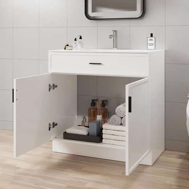 Alt view image 6 of 6 - 36 Inch Bathroom Vanity with Sink, Wood Modern Bathroom Vanity, Freestanding Bathroom Vanity Cabinet with Double Soft Closing Doors & Large Storage Space, White Vanity