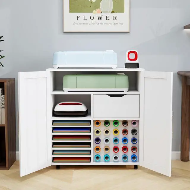 Main image of Craft Cart Cabinet Compatible with Cricut for Storage Organization, Rolling Craft Cabinet Table Stand Workstation with Vinyl Roll Holder with Wheels for Craft Room Organizer 31.6"W x 15.8"D x 33.7"H
