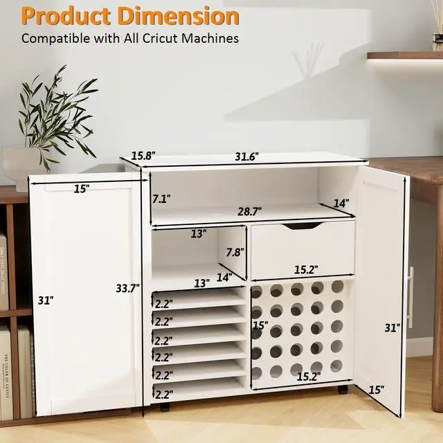 Alt view image 2 of 6 - Craft Cart Cabinet Compatible with Cricut for Storage Organization, Rolling Craft Cabinet Table Stand Workstation with Vinyl Roll Holder with Wheels for Craft Room Organizer 31.6"W x 15.8"D x 33.7"H
