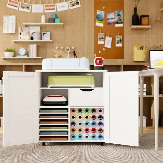 Alt view image 3 of 6 - Craft Cart Cabinet Compatible with Cricut for Storage Organization, Rolling Craft Cabinet Table Stand Workstation with Vinyl Roll Holder with Wheels for Craft Room Organizer 31.6"W x 15.8"D x 33.7"H