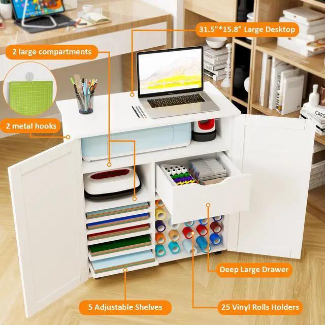 Alt view image 4 of 6 - Craft Cart Cabinet Compatible with Cricut for Storage Organization, Rolling Craft Cabinet Table Stand Workstation with Vinyl Roll Holder with Wheels for Craft Room Organizer 31.6"W x 15.8"D x 33.7"H