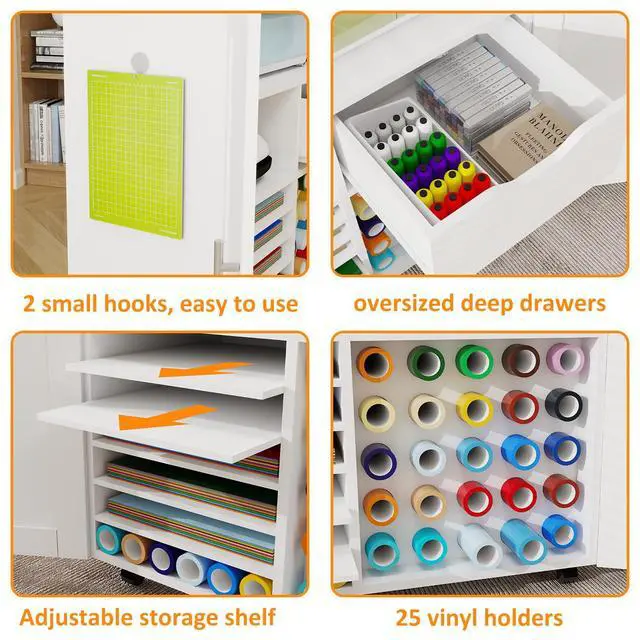 Alt view image 5 of 6 - Craft Cart Cabinet Compatible with Cricut for Storage Organization, Rolling Craft Cabinet Table Stand Workstation with Vinyl Roll Holder with Wheels for Craft Room Organizer 31.6"W x 15.8"D x 33.7"H