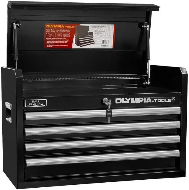 Main image of 26-Inch 4-Drawer Portable Tool Chest, Metal Storage Organizer Box, Black - Work Toolbox for Home Garage and Workshop with Locking Lid and Ball Bearing Slides