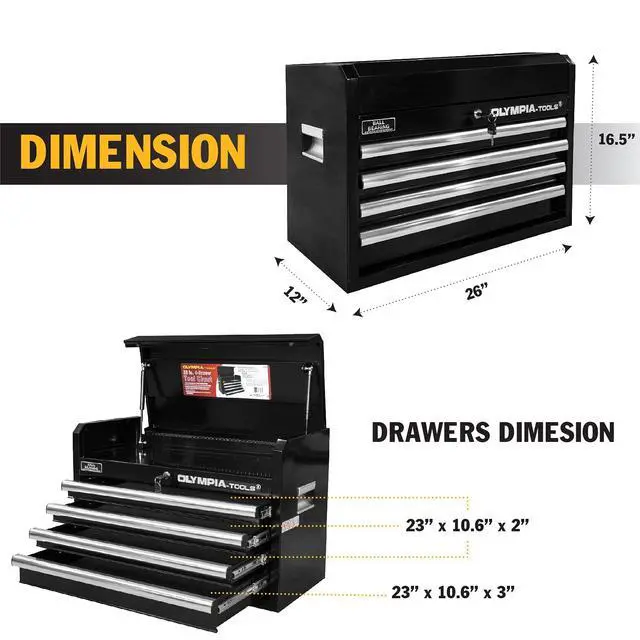 Alt view image 3 of 6 - 26-Inch 4-Drawer Portable Tool Chest, Metal Storage Organizer Box, Black - Work Toolbox for Home Garage and Workshop with Locking Lid and Ball Bearing Slides