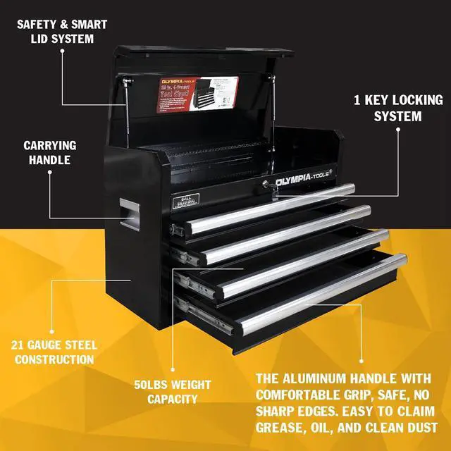 Alt view image 4 of 6 - 26-Inch 4-Drawer Portable Tool Chest, Metal Storage Organizer Box, Black - Work Toolbox for Home Garage and Workshop with Locking Lid and Ball Bearing Slides