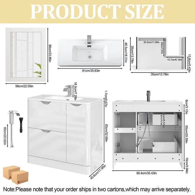 Alt view image 2 of 6 - 36 Inch Bathroom Vanity with Sink,Mirror,Faucet Set, Modern High Gloss Freestanding Bathroom Storage Vanity Cabinet Set,2 Drawers,Ceramic Storage Cabinet with Sink Combo Set,White