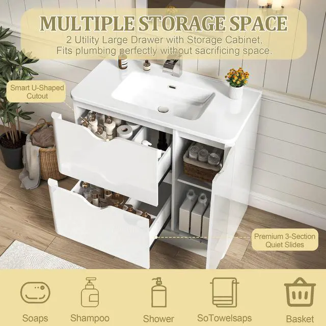 Alt view image 3 of 6 - 36 Inch Bathroom Vanity with Sink,Mirror,Faucet Set, Modern High Gloss Freestanding Bathroom Storage Vanity Cabinet Set,2 Drawers,Ceramic Storage Cabinet with Sink Combo Set,White