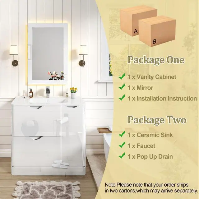 Alt view image 4 of 6 - 36 Inch Bathroom Vanity with Sink,Mirror,Faucet Set, Modern High Gloss Freestanding Bathroom Storage Vanity Cabinet Set,2 Drawers,Ceramic Storage Cabinet with Sink Combo Set,White