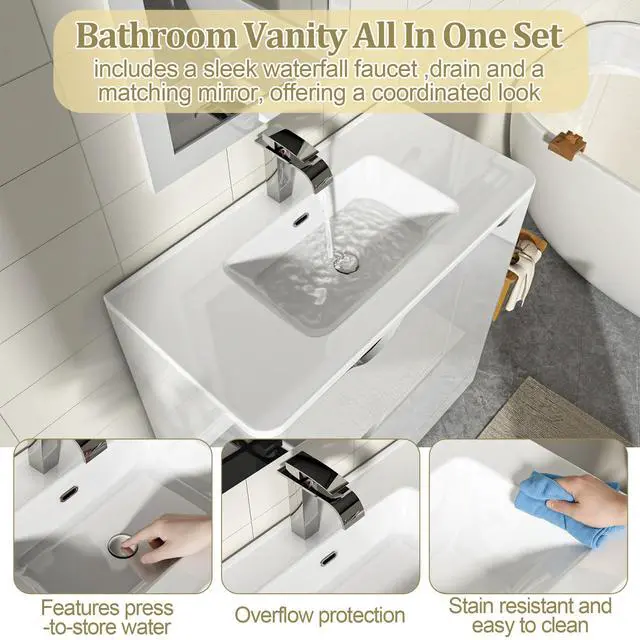 Alt view image 6 of 6 - 36 Inch Bathroom Vanity with Sink,Mirror,Faucet Set, Modern High Gloss Freestanding Bathroom Storage Vanity Cabinet Set,2 Drawers,Ceramic Storage Cabinet with Sink Combo Set,White