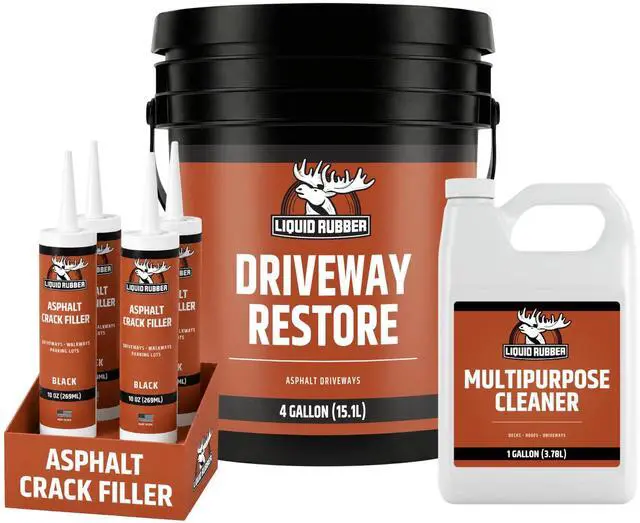 Main image of Driveway Restore Sealant - Highly Flexible Asphalt Coating Fills Cracks and Revitalize, Kit- Includes 4 Gallon Sealer, Crack Filler 10.2 oz 4 Pack, Patio Cleaner 1 Gallon