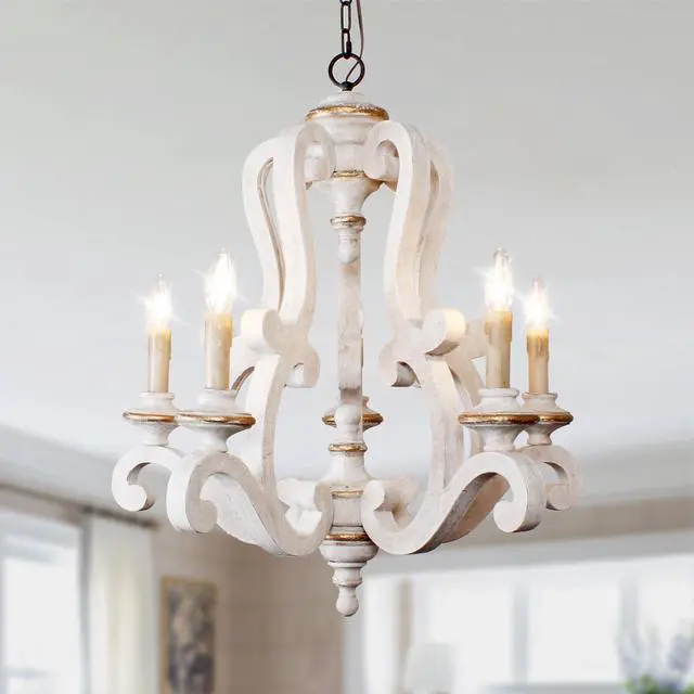 Main image of Farmhouse Distressed White Wooden Chandelier, French Country Empire Pendant Lighting Fixture with 5 Candle Lights, Adjustable Chain, for Kitchen, Dining Room, Foyer, Hallway etc