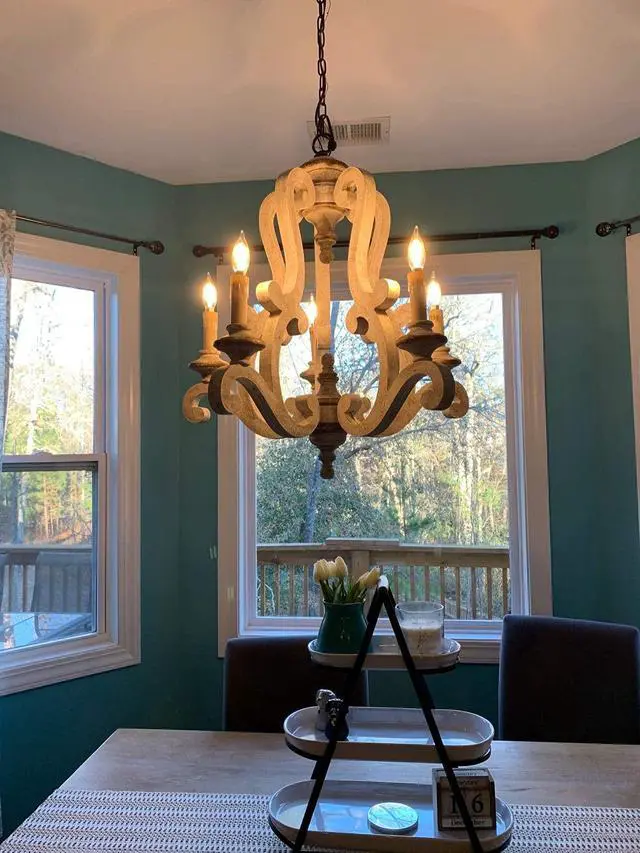 Alt view image 2 of 6 - Farmhouse Distressed White Wooden Chandelier, French Country Empire Pendant Lighting Fixture with 5 Candle Lights, Adjustable Chain, for Kitchen, Dining Room, Foyer, Hallway etc