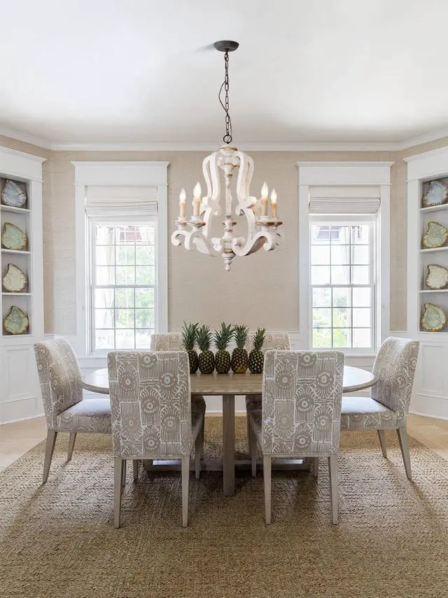 Alt view image 3 of 6 - Farmhouse Distressed White Wooden Chandelier, French Country Empire Pendant Lighting Fixture with 5 Candle Lights, Adjustable Chain, for Kitchen, Dining Room, Foyer, Hallway etc