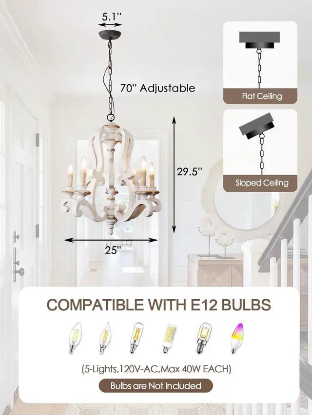 Alt view image 4 of 6 - Farmhouse Distressed White Wooden Chandelier, French Country Empire Pendant Lighting Fixture with 5 Candle Lights, Adjustable Chain, for Kitchen, Dining Room, Foyer, Hallway etc